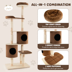 6-Tier Cat Tree Rubber Wood Cat Tower with Sisal Scratching Post-Brown