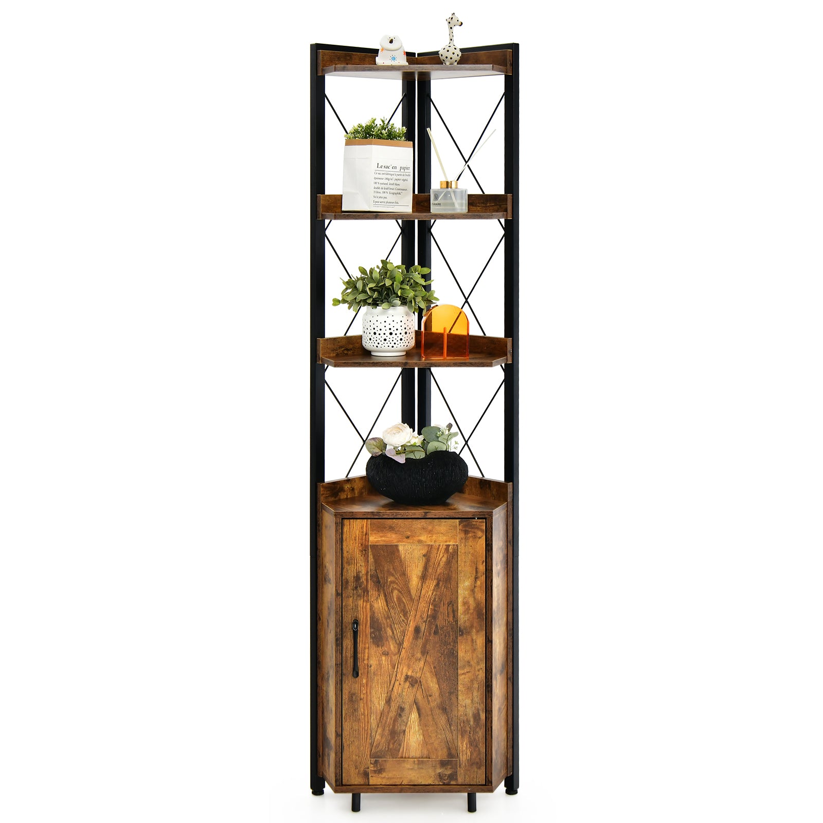 6-Tier Industrial Corner Storage Shelf with Adjustable Shelf-Rustic Brown