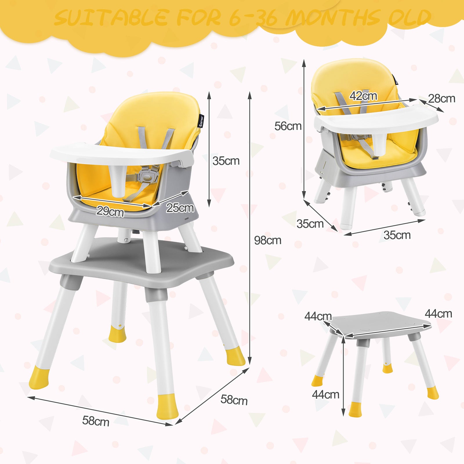 6-in-1 Baby High Chair with 5-Point Harness and Removable Tray-Yellow