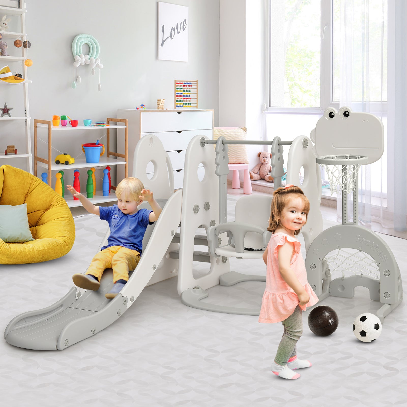 6 in 1 Toddler Slide and Swing Set with Adjustable Basketball Hoop for Indoor-Grey