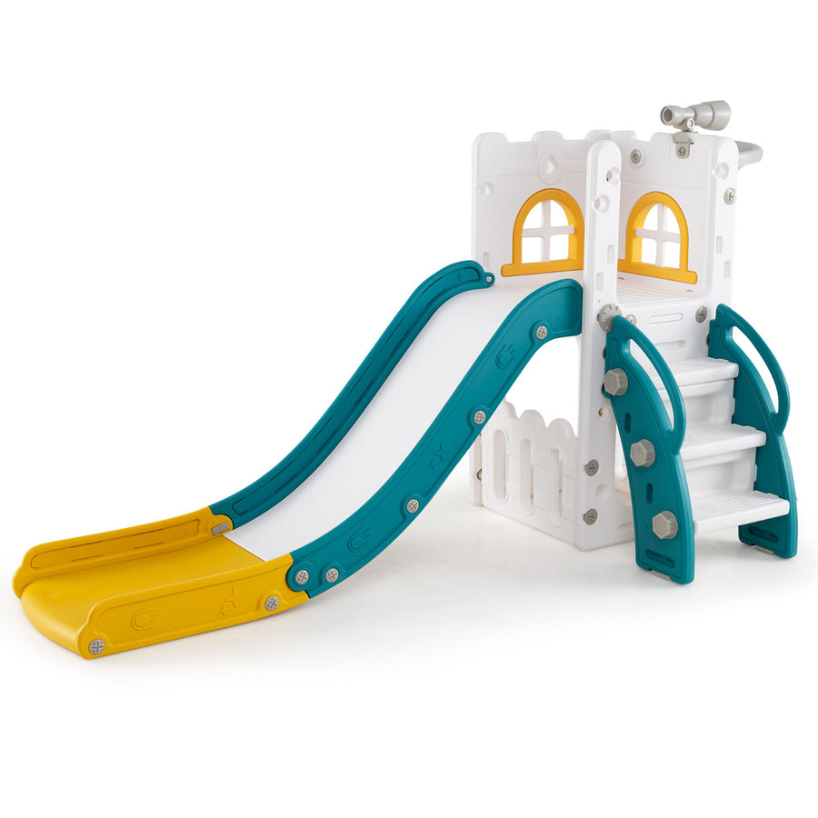 6 in 1 L-shaped Toddle Slide with Basketball Hoop and Telescope-Yellow