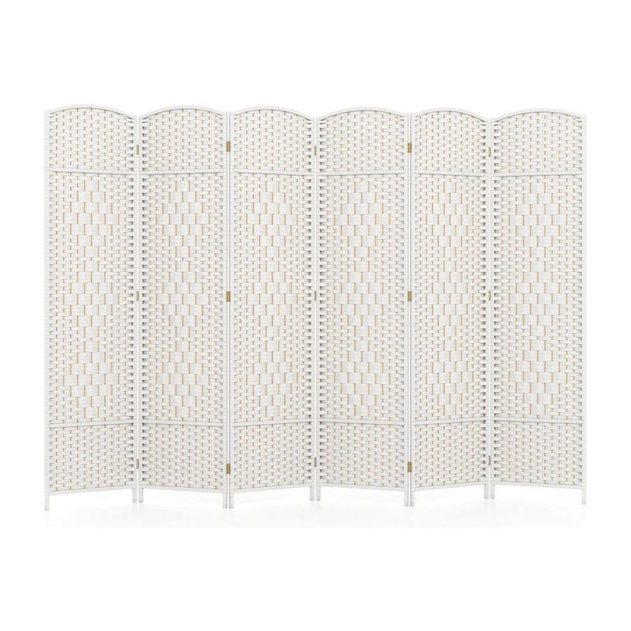 6 Panel Folding Room Divider with Hand-Woven Wicker for Home Office-White