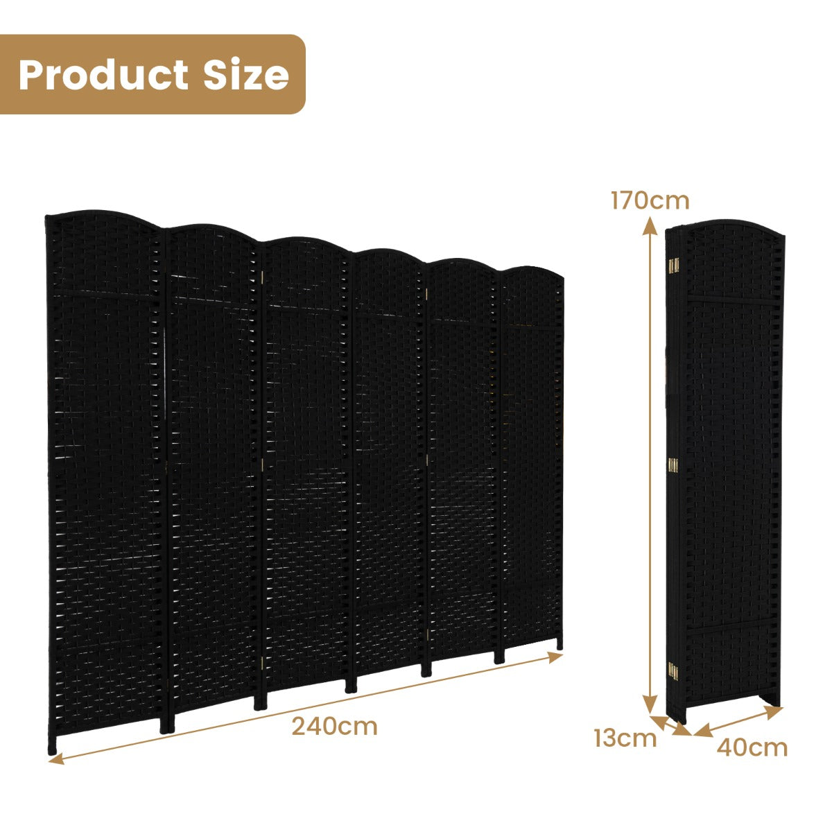 6-Panel Room Divider Folding Privacy Screen with Hand-woven Texture-Black