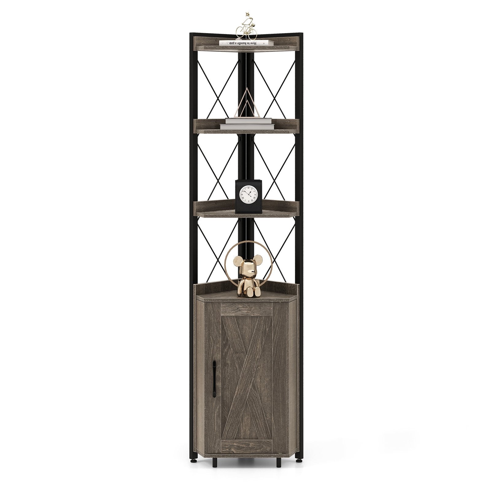 180cm Tall Corner Bookshelf with 5-position Adjustable Shelf and Door-Grey