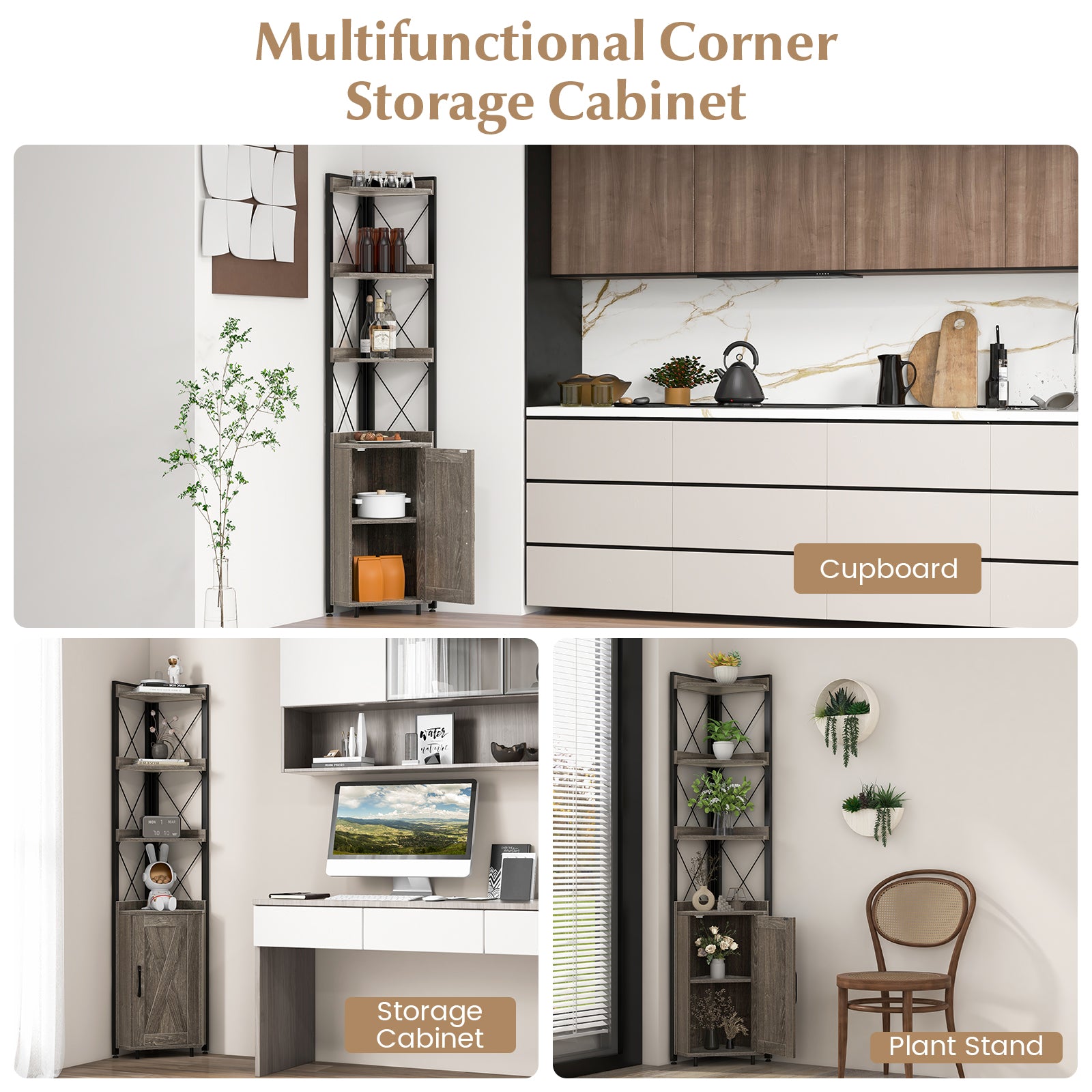 180cm Tall Corner Bookshelf with 5-position Adjustable Shelf and Door-Grey