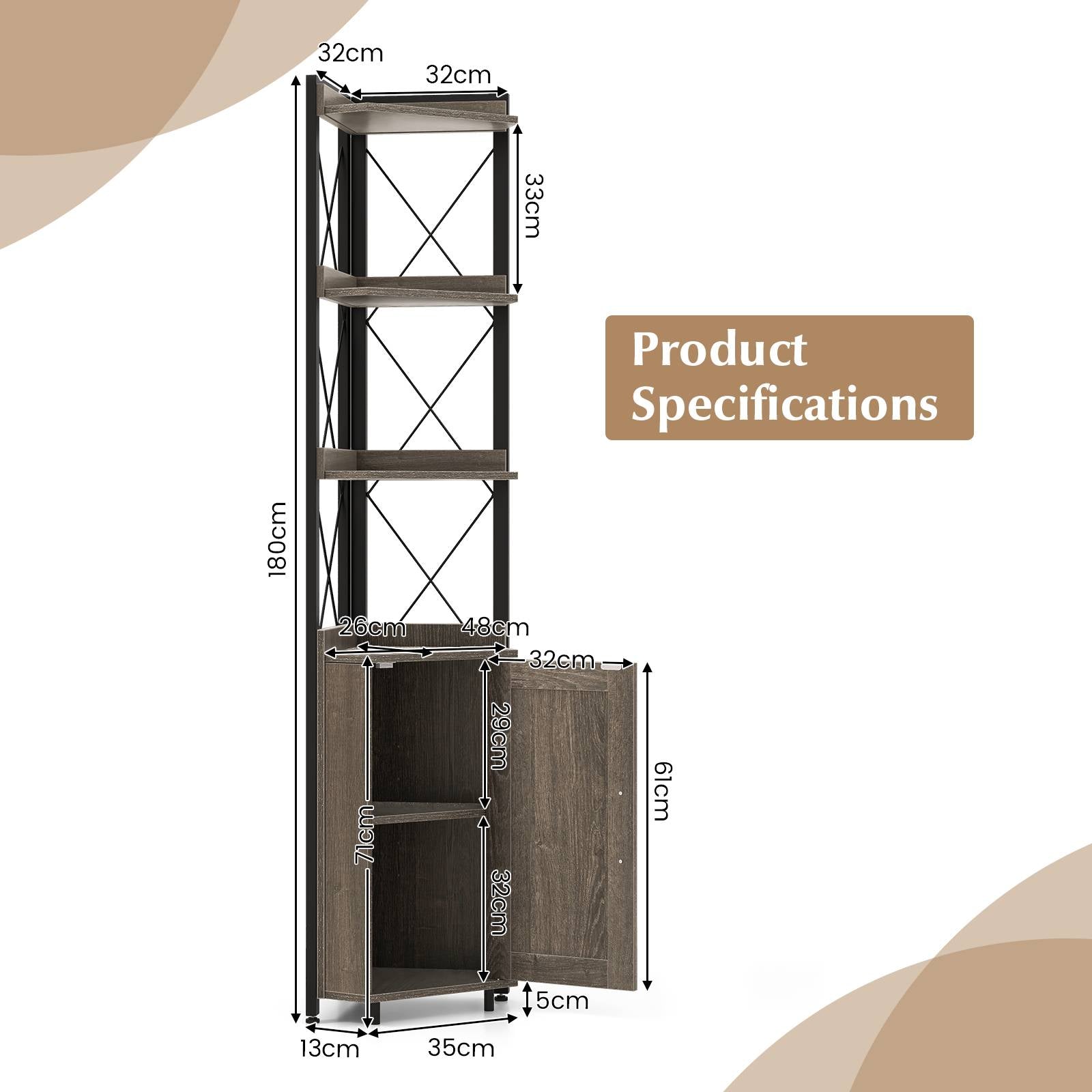 180cm Tall Corner Bookshelf with 5-position Adjustable Shelf and Door-Grey