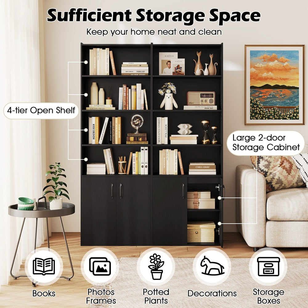 The black bookcase in a room, displaying books, photos, plants, decorations and storage boxes
