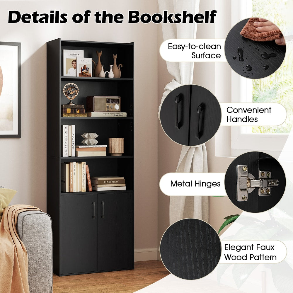 close up details of the black bookcase, showing handles, hinges and wood grain effect