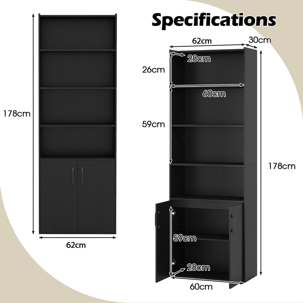 dimensions diagram of the black bookcase, showing height, width and shelf depth
