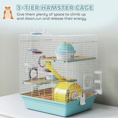 PawHut 3-Level Hamster Cage with Exercise Wheel, Water Bottle, Food Bowl, for Dwarf Hamsters, 34.5 x 27.5 x 41 cm, Blue