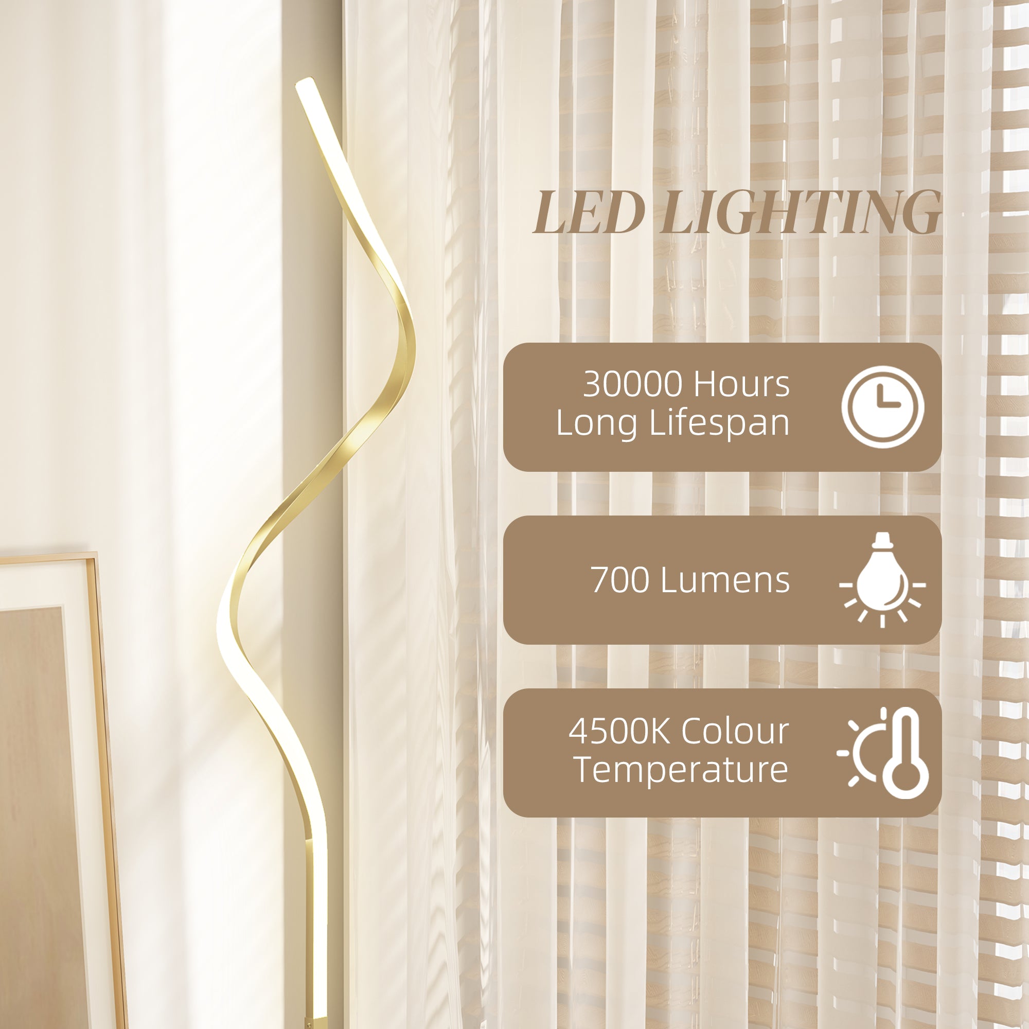 HOMCOM LED Floor Lamp with 3 Adjustable Brightness, Modern Dimmable Standing Lamp with Foot Switch for Bedroom, Living Room, Gold Tone