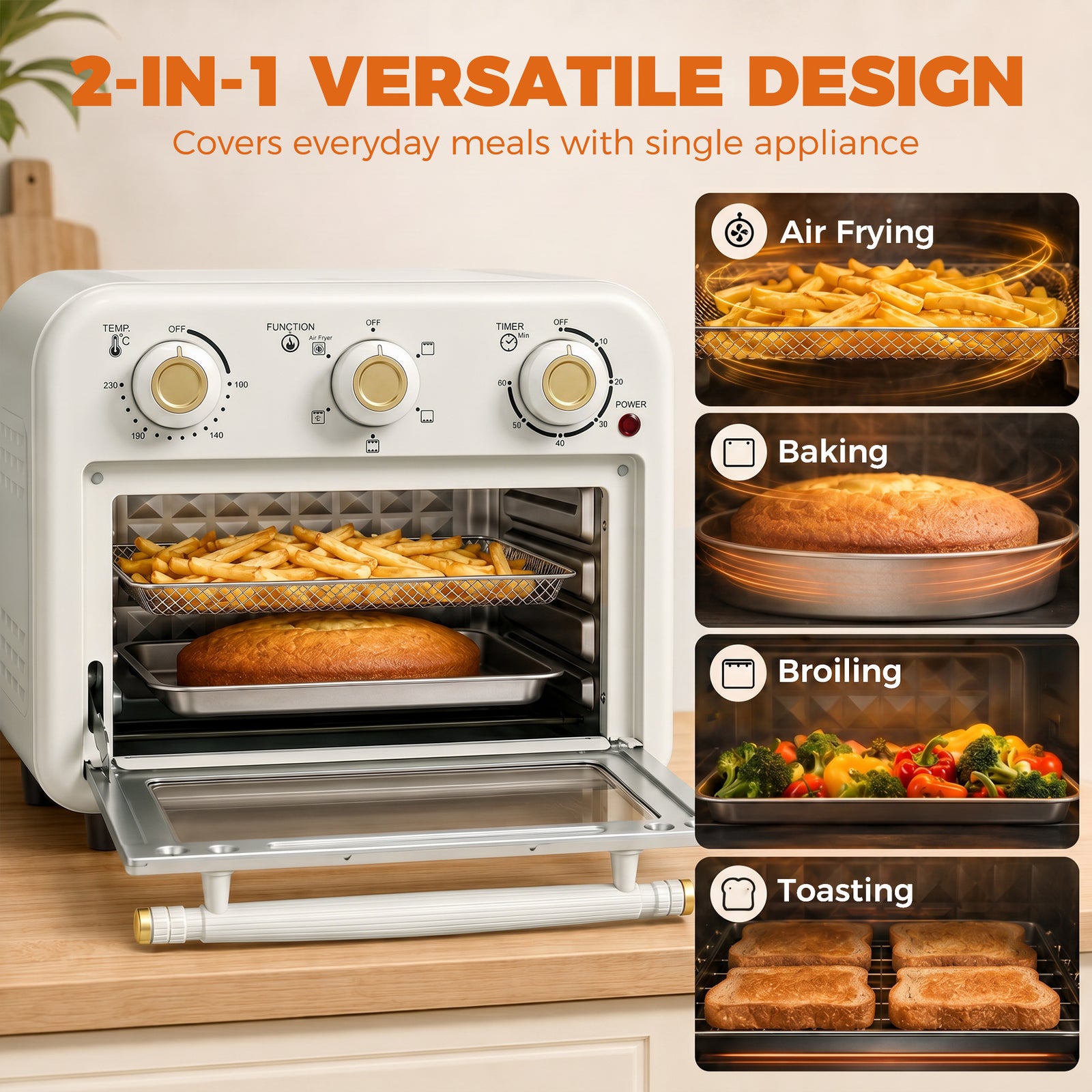 HOMCOM Air Fryer Toaster Oven, Convection Countertop Oven, with Adjustable Temperature and Timer, 12 L, Cream White