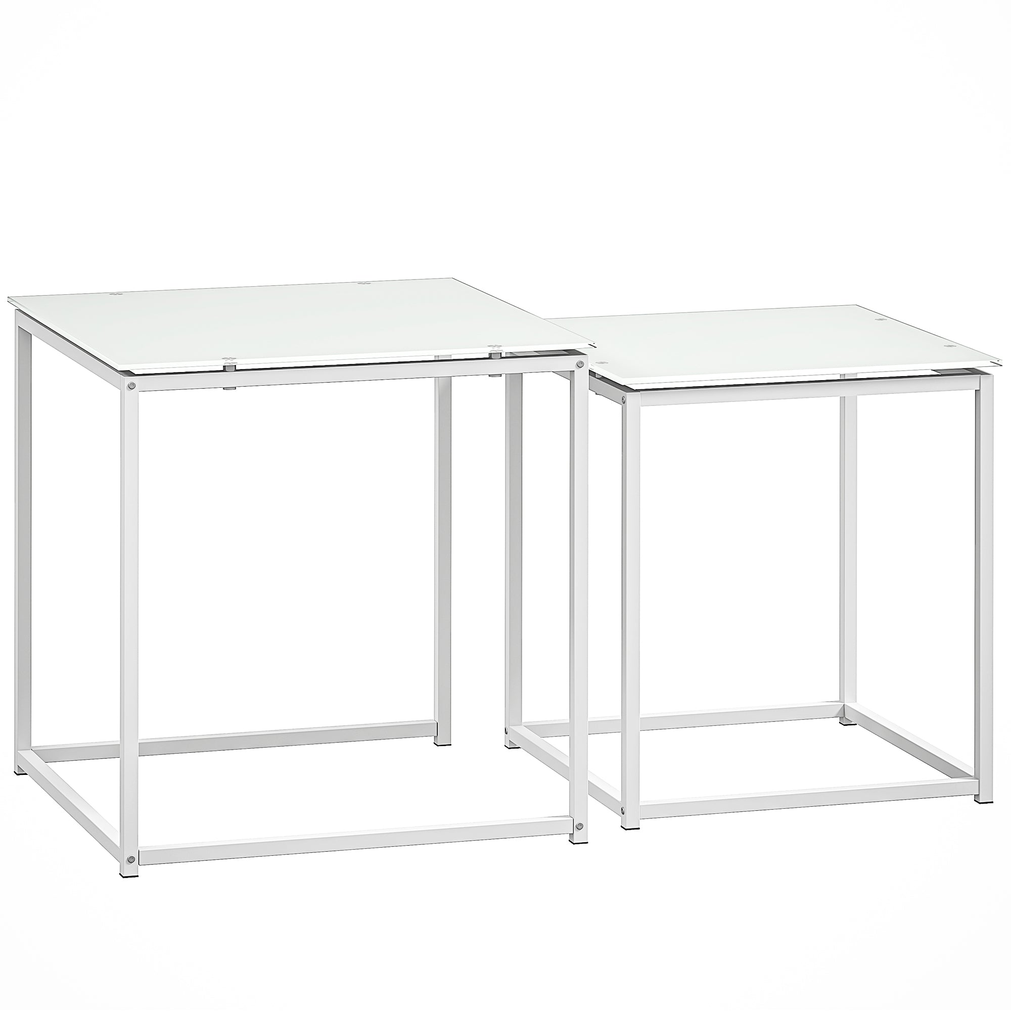 HOMCOM Nest of Tables, Set of 2 Coffee Table, Side Tables with Tempered Glass Desktop and Metal Frame for Living Room, Bedroom, Office, White