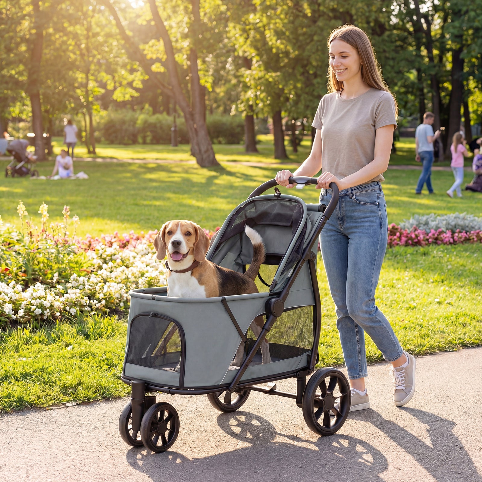 PawHut Dog Stroller, 3 Wheels Pet Stroller with Dual Entry, Easy One-Click Quick Fold, Mesh Windows, Washable Cushion