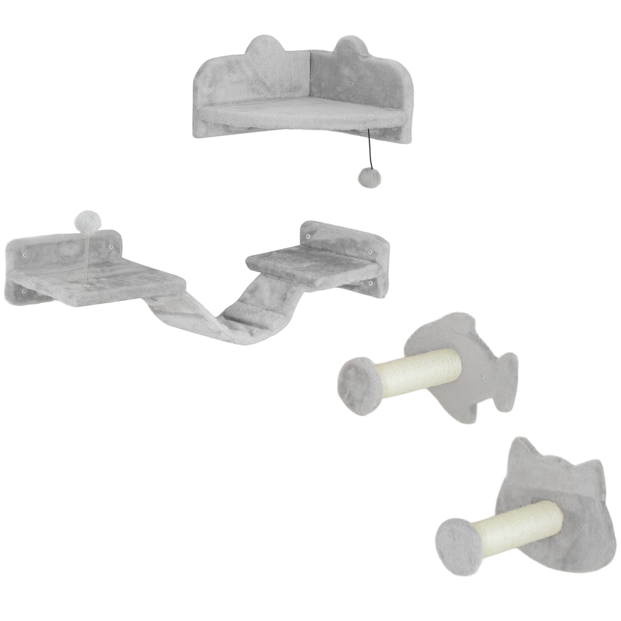 PawHut 4-Piece Cat Wall Shelves with Steps, Ladder, Jumping Platforms, Light Grey