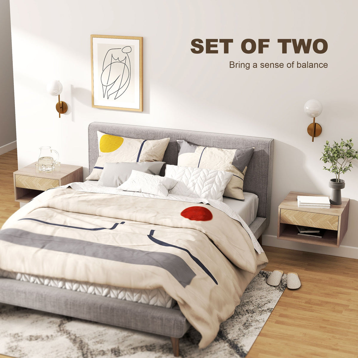 HOMCOM Set of Two Floating Bedside Tables - Natural Wood Finish