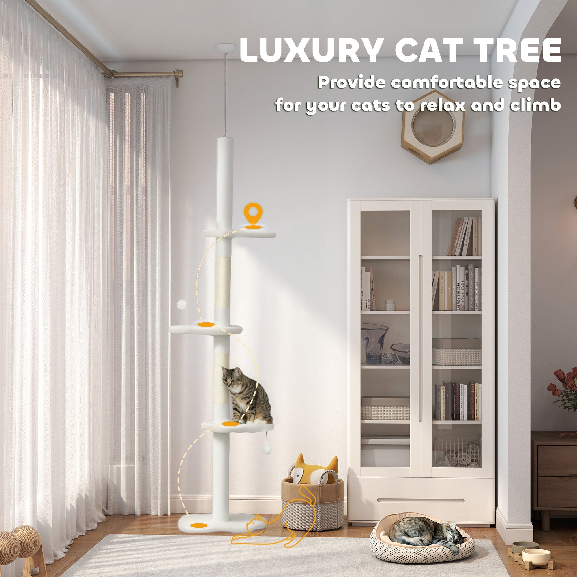 PawHut 225-255 cm Adjustable Cat Climbing Tower with Sisal Scratching Posts, 2 Hanging Play Balls and Anti-Tip Strap, Beige