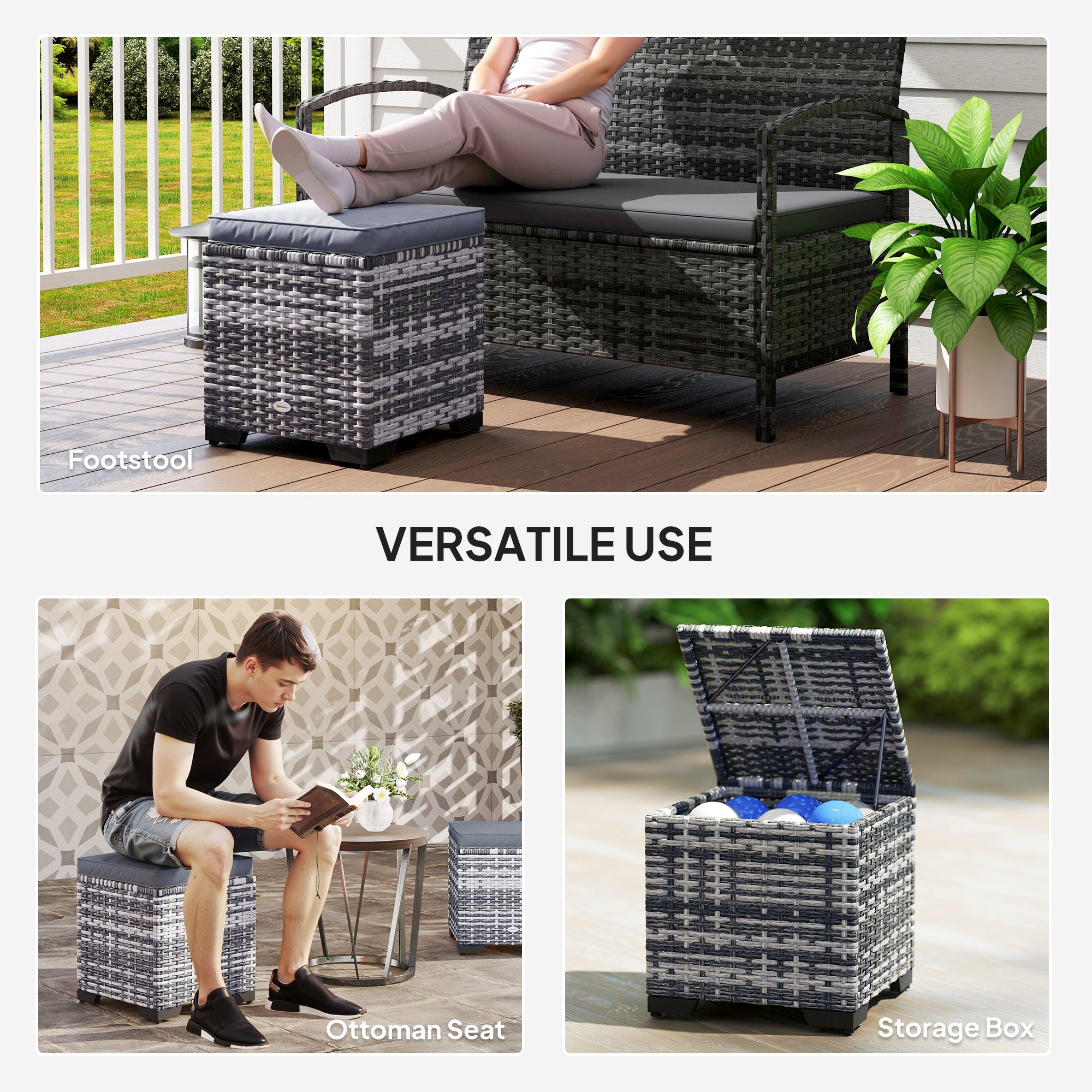Outsunny Set of 2 Rattan Storage Ottoman, Outdoor Footstool with Removable Cushions, Garden Storage Seat for Balcony, Porch, Living Room, Dark Grey