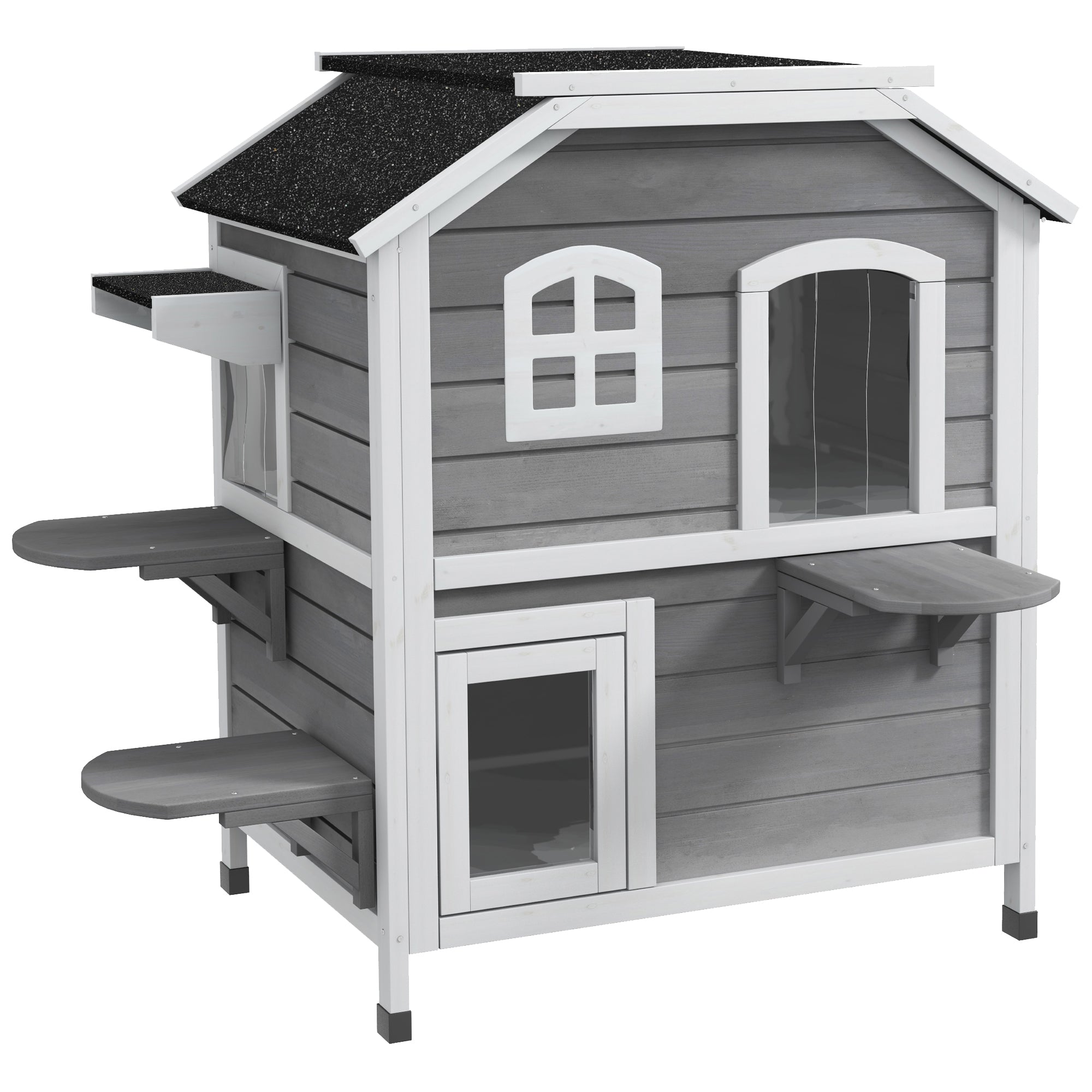 PawHutÂ 2-story Cat House Outdoor, WeatherproofÂ Wooden Cat Enclosure for Feral Cats with Escape Door, Openable Roof, Jumping Platforms, Grey