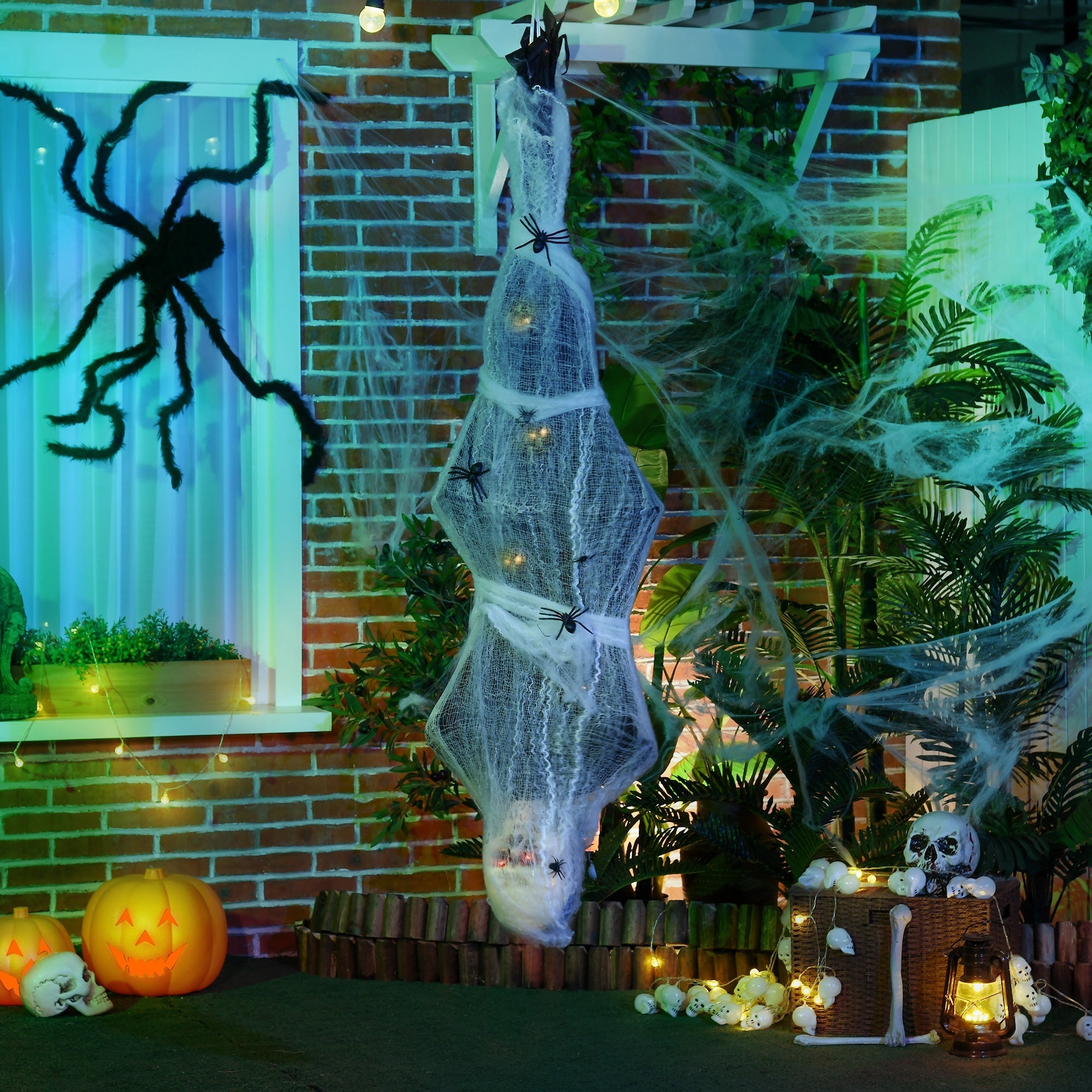 HOMCOM 4.7ft Life Size Outdoor Halloween Decoration Hanging Mummy with Spider Web, Animated Prop Decor with Sound and Motion Activated, Light Up Eyes, Howling Sound, Posable Arms, Moving Body