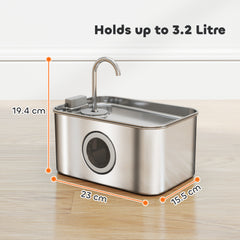 PawHut 3.2L Cat Water Fountain for Drinking, Cat Fountain Stainless Steel with Visible Water-Level Window, Ultra-Silent Pump