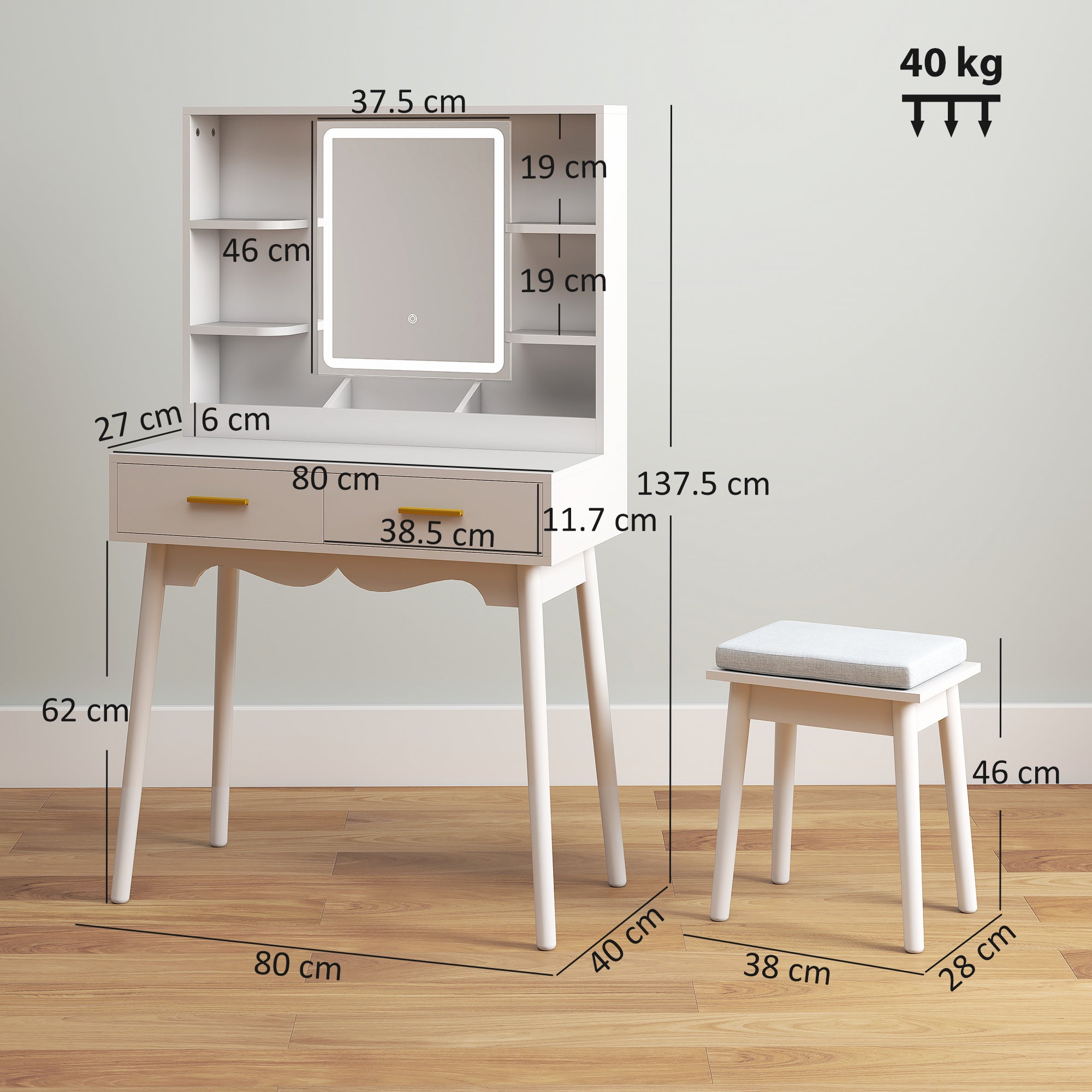 HOMCOM Elegant Dressing Table, with LED Mirror - White
