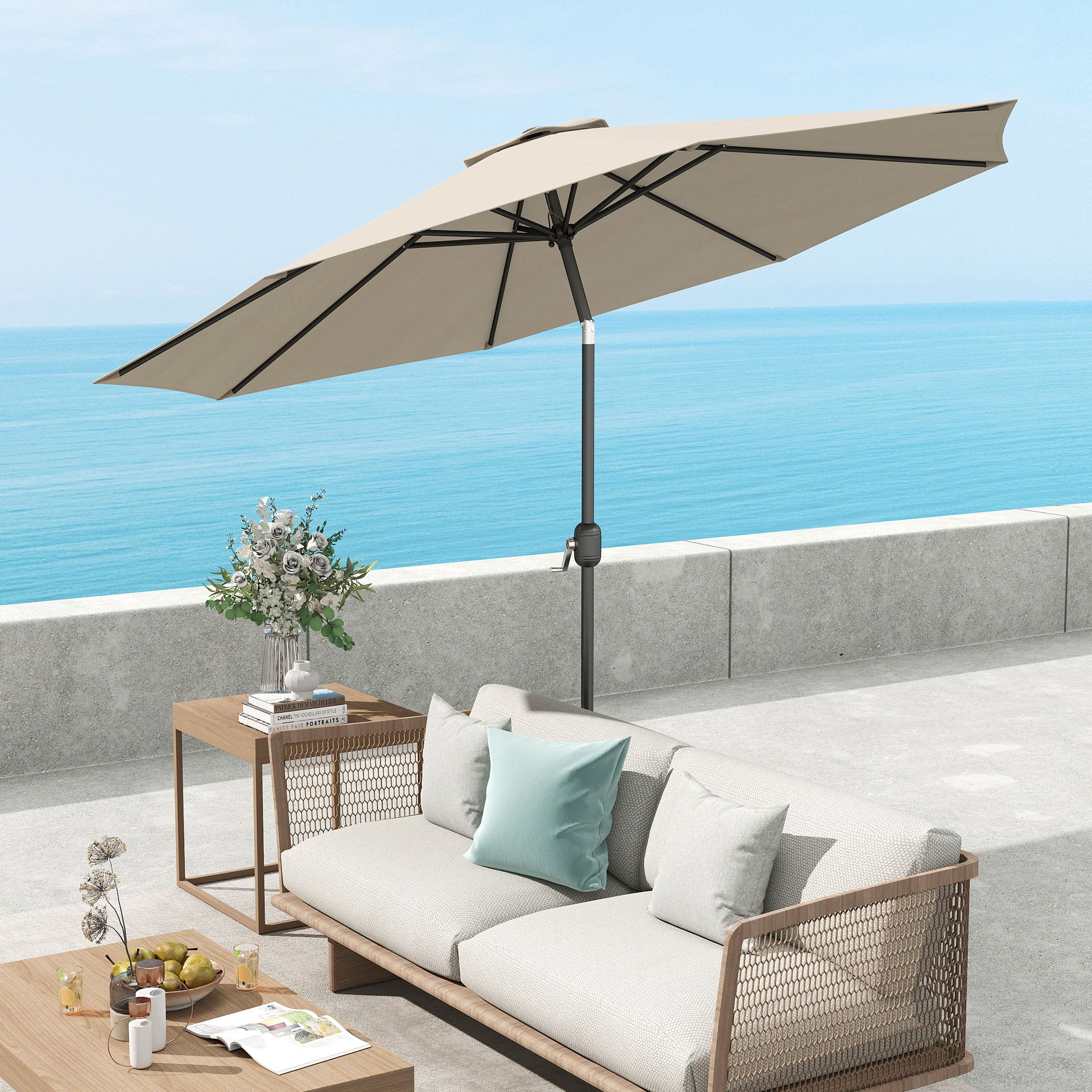 Outsunny 3(m) Tilting Parasol Garden Umbrellas, Outdoor Sun Shade with 8 Ribs, Tilt and Crank Handle for Balcony, Bench, Garden, Light Grey