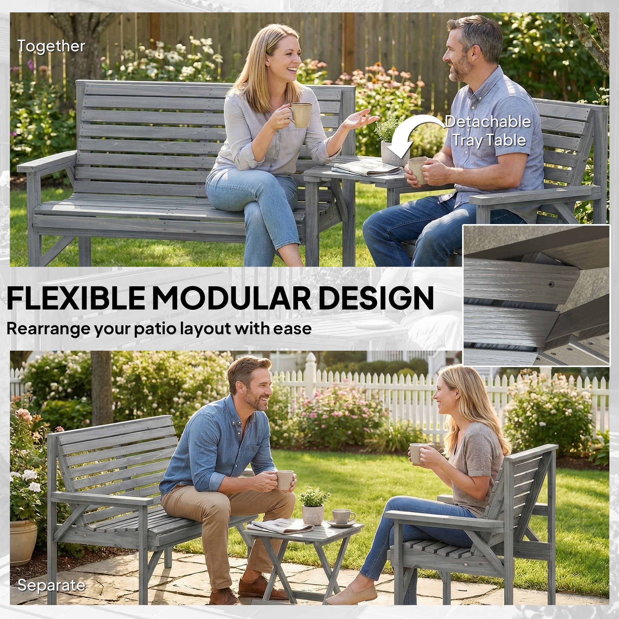 Outsunny Wooden Garden Furniture Set with Parasol Hole, 1 Chair, 1 Bench and Detachable Table, Grey Embossed Finish