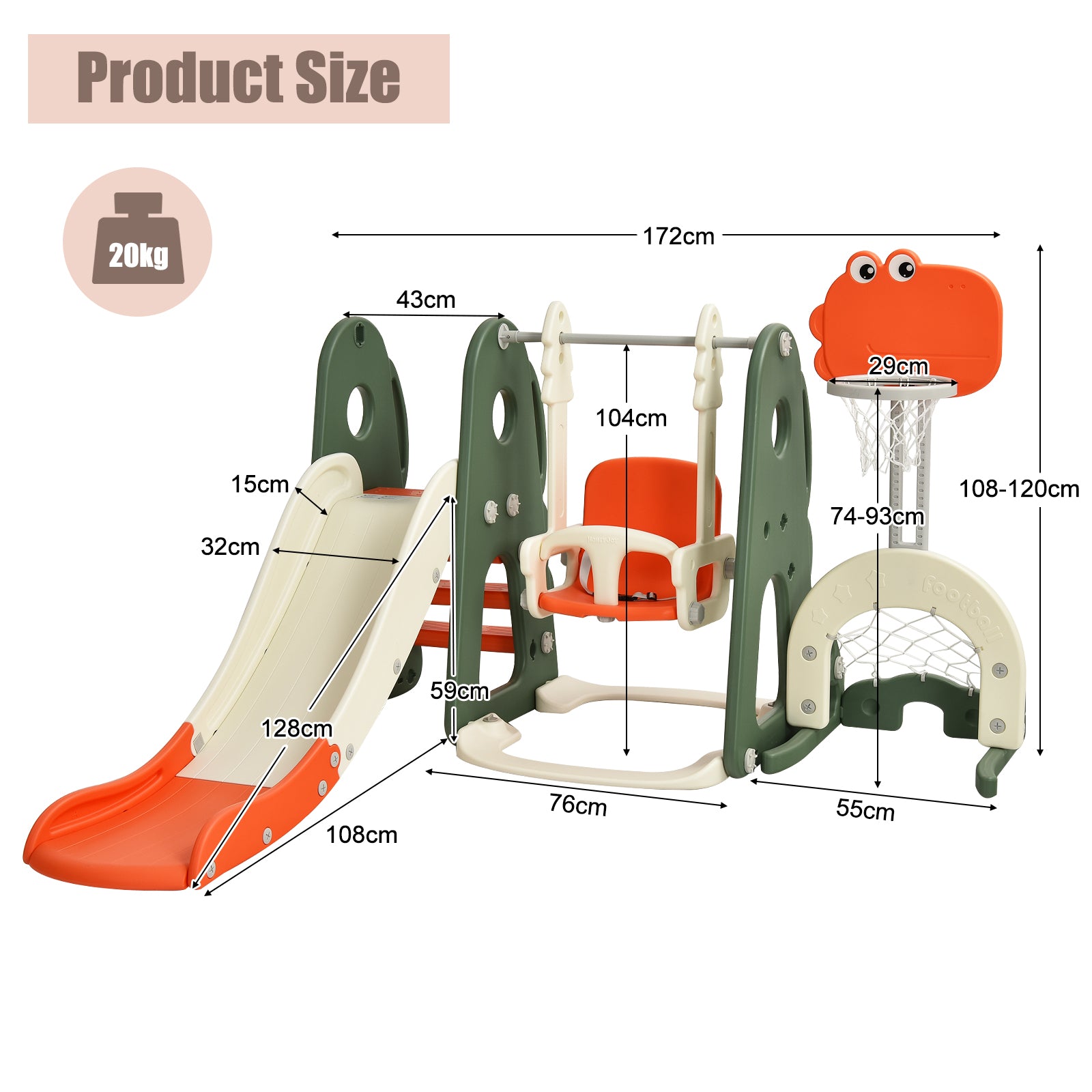 6 in 1 Toddler Slide and Swing Set with Adjustable Basketball Hoop for Indoor-Orange