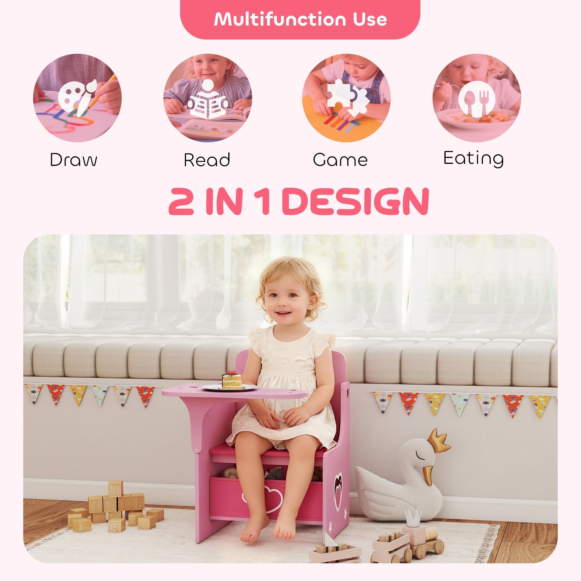 AIYAPLAY Kids Table and Chair Set, Children Desk and Chair with Storage Bins for Playing, Reading, Painting, for Ages 3-5, Pink