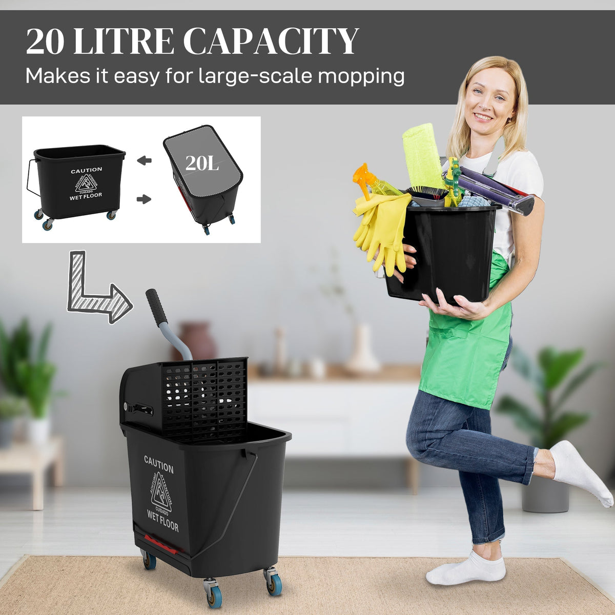 HOMCOM 20L Compact Mop Bucket on Wheels, with Water Separation Panel - Black