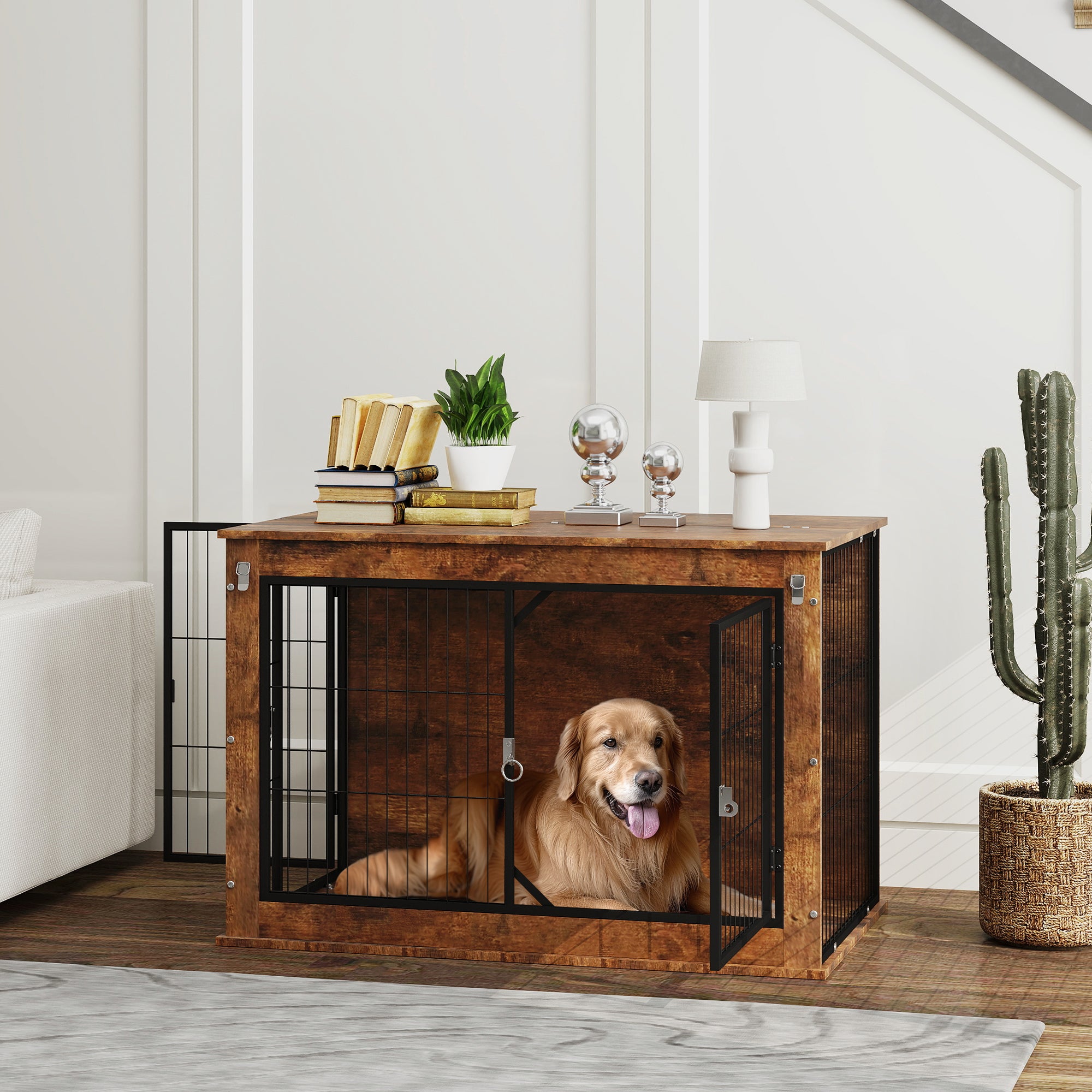 PawHut Dog Crate Furniture with Openable Top, Two Doors, for Large Dogs, Rustic Brown