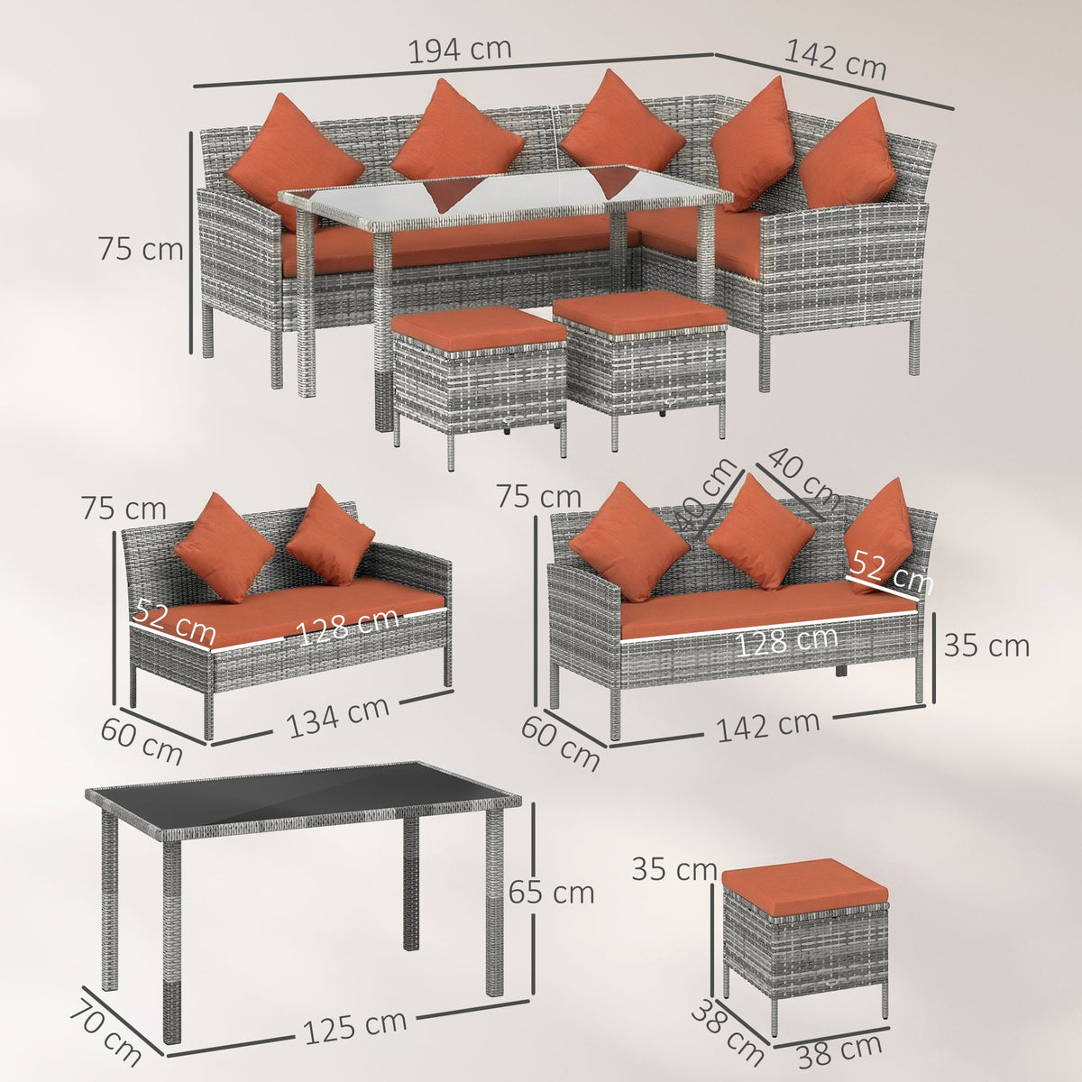 Outsunny 6-Seater Rattan Dining Set Sofa Table Footstool Outdoor w/ Cushion Garden Furniture, Orange