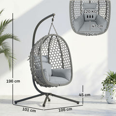 Outsunny Hanging Egg Chair, Indoor Outdoor Rattan Hammock Swing Chair with Stand, Safety Strap, Foldable Basket, Dark Grey