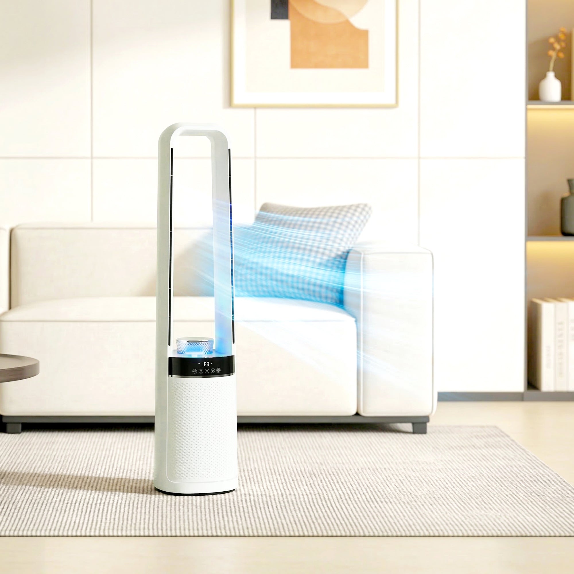 HOMCOM Bladeless Tower Fan, 36dB Standing Cooling Fan with 45Â° Oscillating, LED Lights, 3 Speeds, 12H Timer, Remote Control