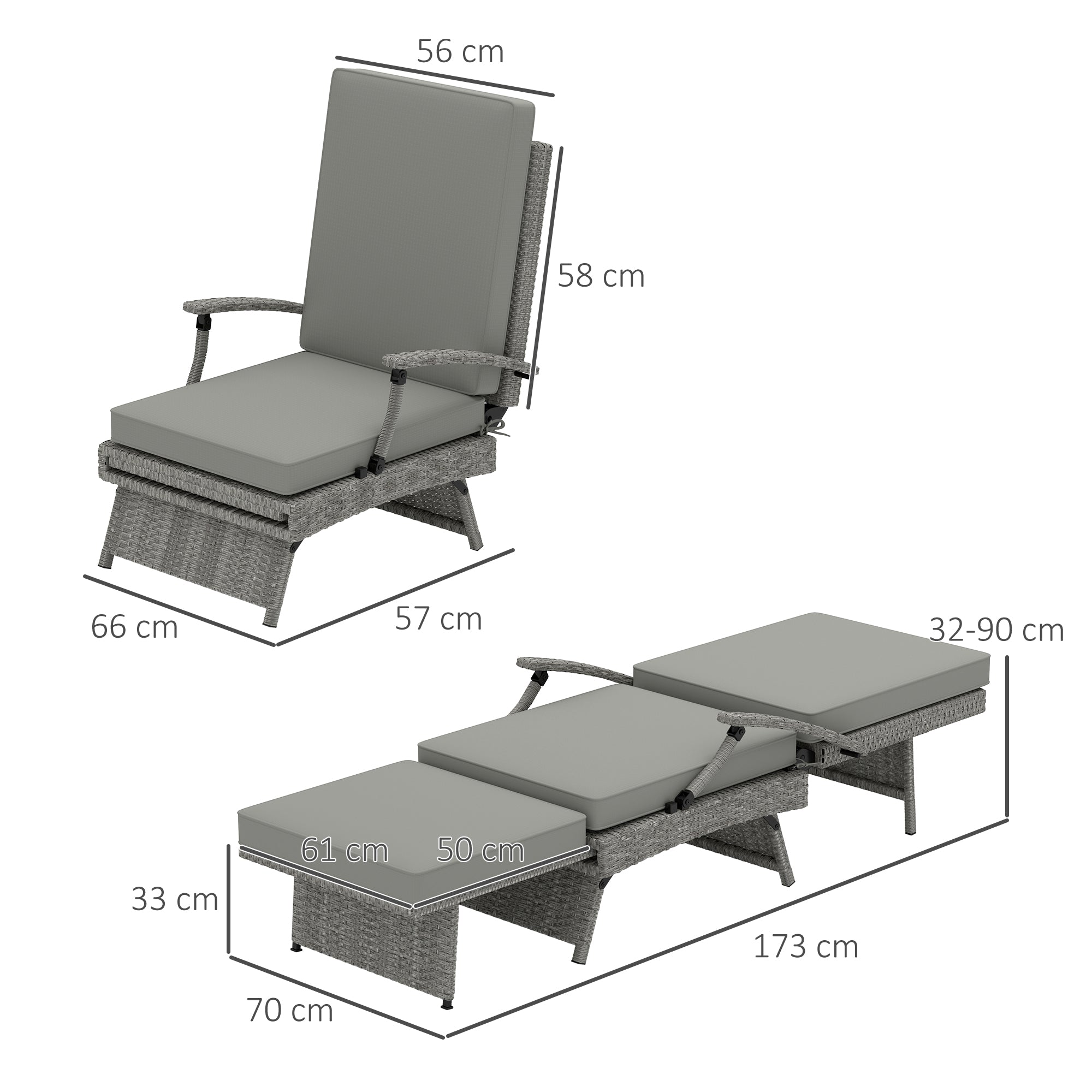 Outsunny 80√Ç¬∞ Reclining Rattan Lounger - Grey