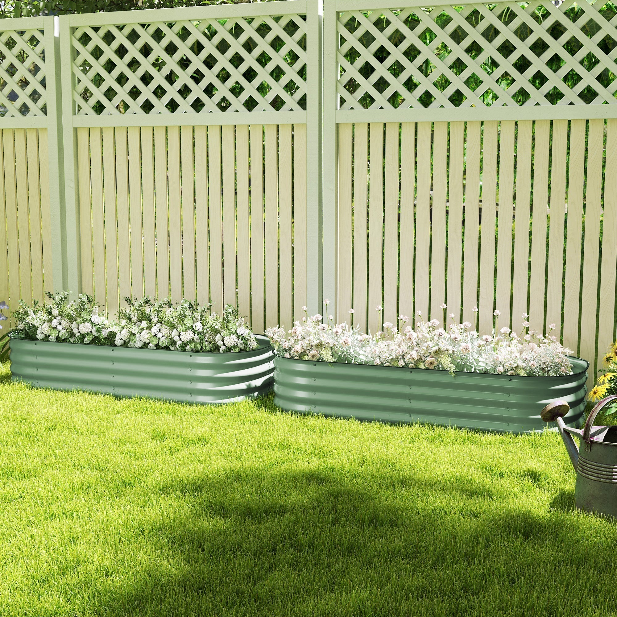 Outsunny Galvanised Raised Garden Bed, Metal Planter Box with Safety Edging, for Flowers, Herbs, Succulents, Pack of 2, Green