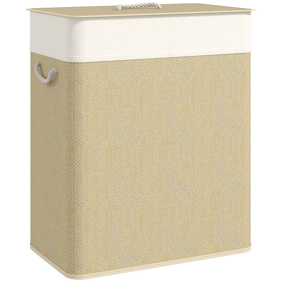 HOMCOM Double Laundry Basket with Lid, 100L Bamboo Laundry Hamper with Rope Handles, Washing Basket with Removable Liner for Bathroom, Bedroom, Cream White