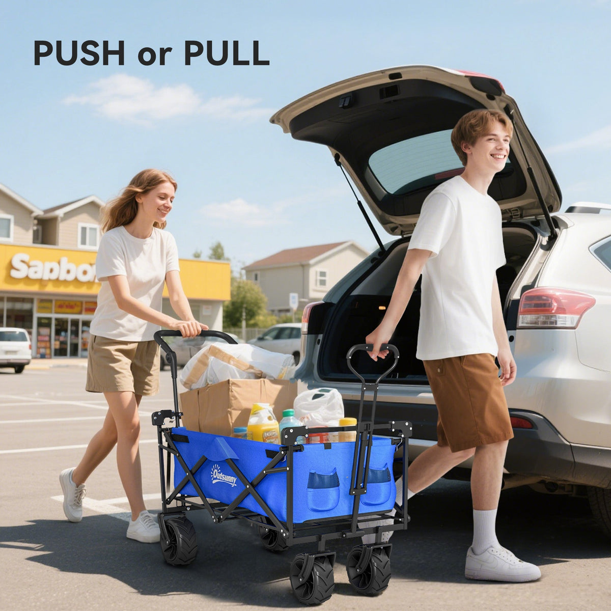 Outsunny Folding Trolley Cart Storage Wagon Beach Trailer 4 Wheels with Handle Overhead Canopy Cart Push Pull for Camping, Blue