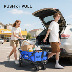 Outsunny Folding Trolley Cart Storage Wagon Beach Trailer 4 Wheels with Handle Overhead Canopy Cart Push Pull for Camping, Blue