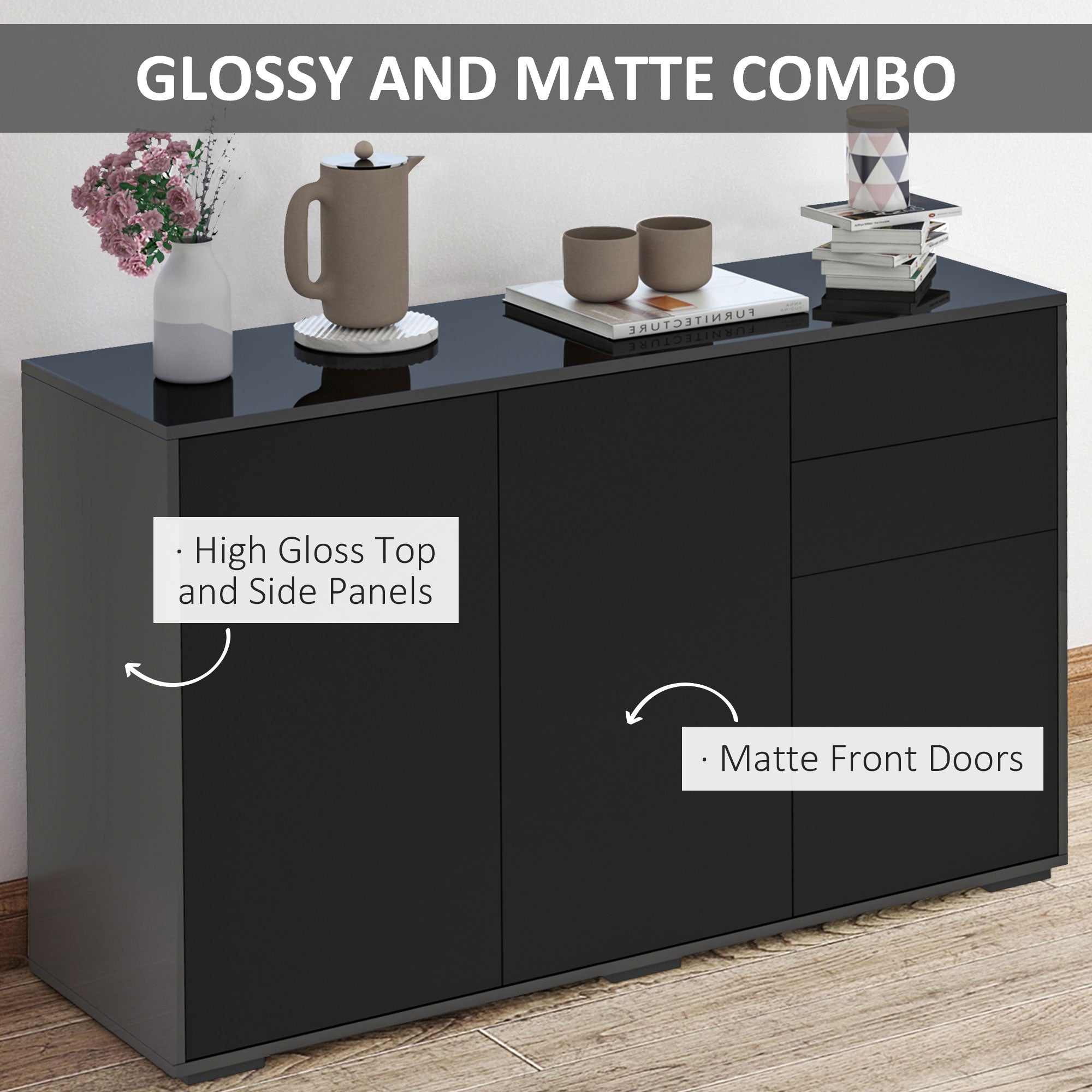 HOMCOM High Gloss Side Cabinet, Push-Open Design with 2 Drawers and 2 Cabinets for Living Room, 74H x 117W x 36Dcm, Black