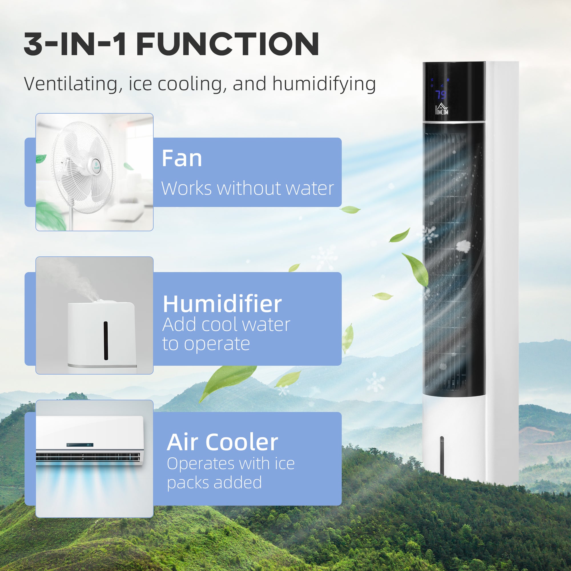 HOMCOM Portable Air Cooler, 3L Tank Evaporative Ice Cooling Tower Fan with 3 Modes, 3 Speeds, Remote, Timer, 60√Ç¬∞ Oscillating, Portable Swamp Cooler for Home Bedroom, White