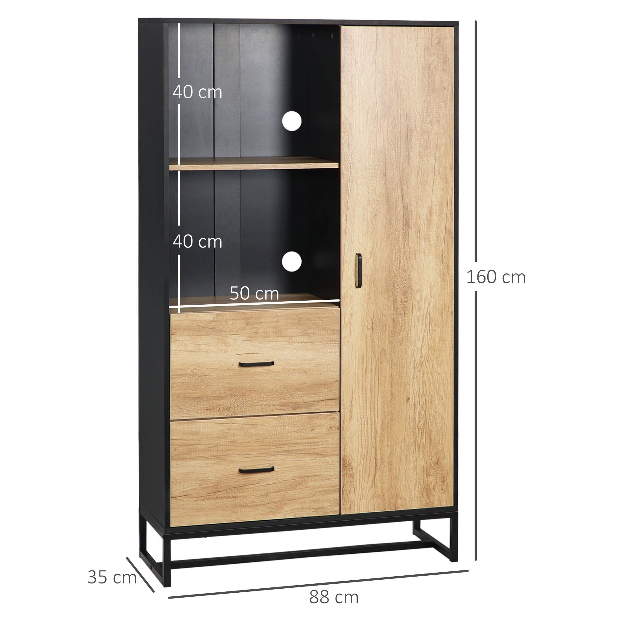 HOMCOM Kitchen Cupboard, Freestanding Microwave Stand with Adjustable Shelves, Drawers and Metal Base, 160cm