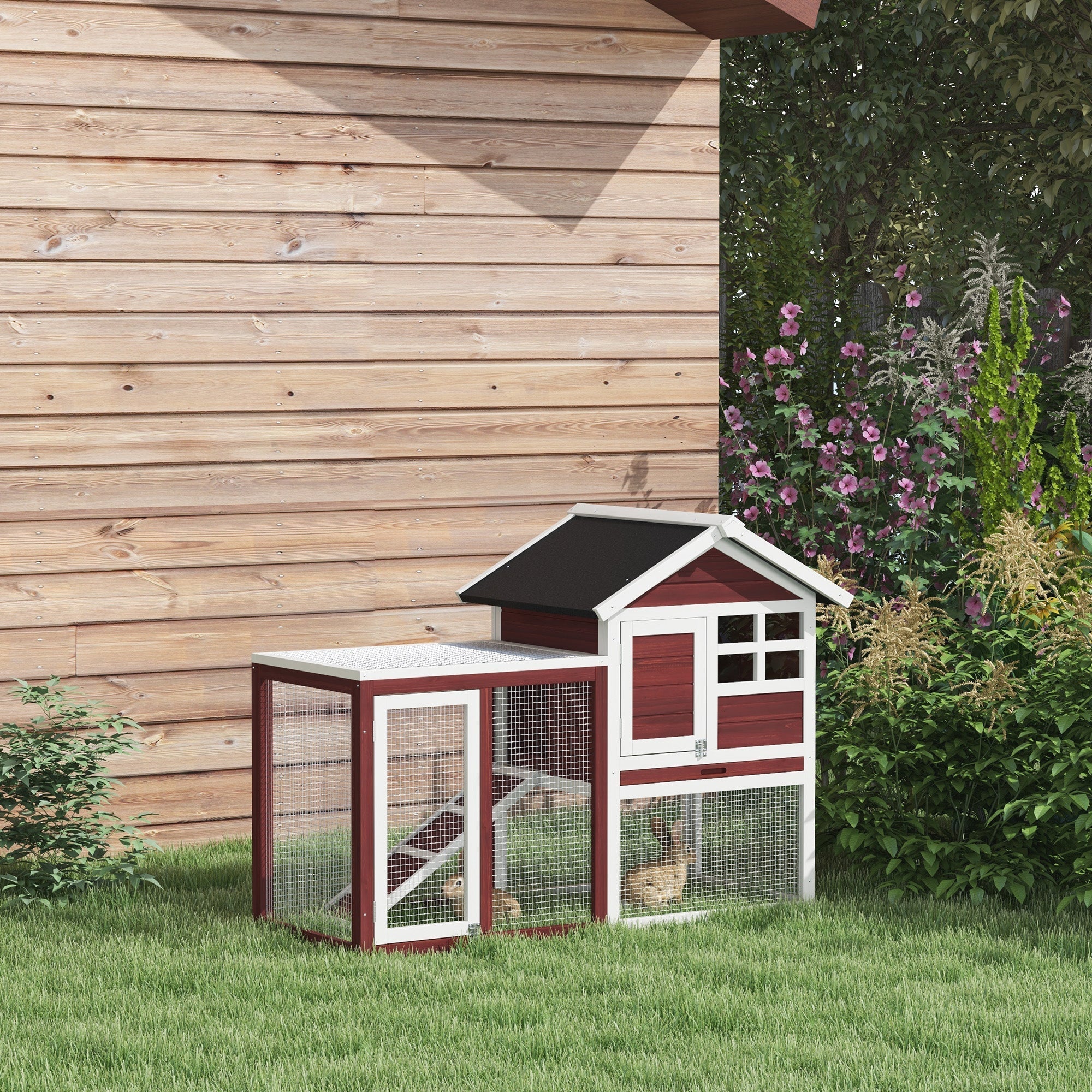PawHut Rabbit Hutch Outdoor Wooden Guinea Pig Hutch Rabbit Run Bunny Cage Small Animal House Pull-Out Tray, Brown, 124 x 63 x 93 cm