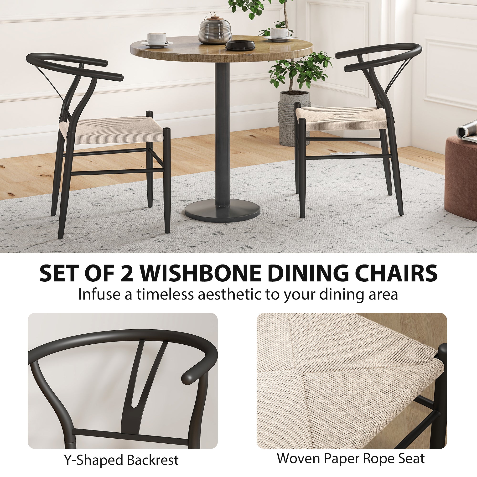 HOMCOM Set of Two Weave Dining Chairs with Y-Shaped Backrest Hemp Seat - Black/Beige