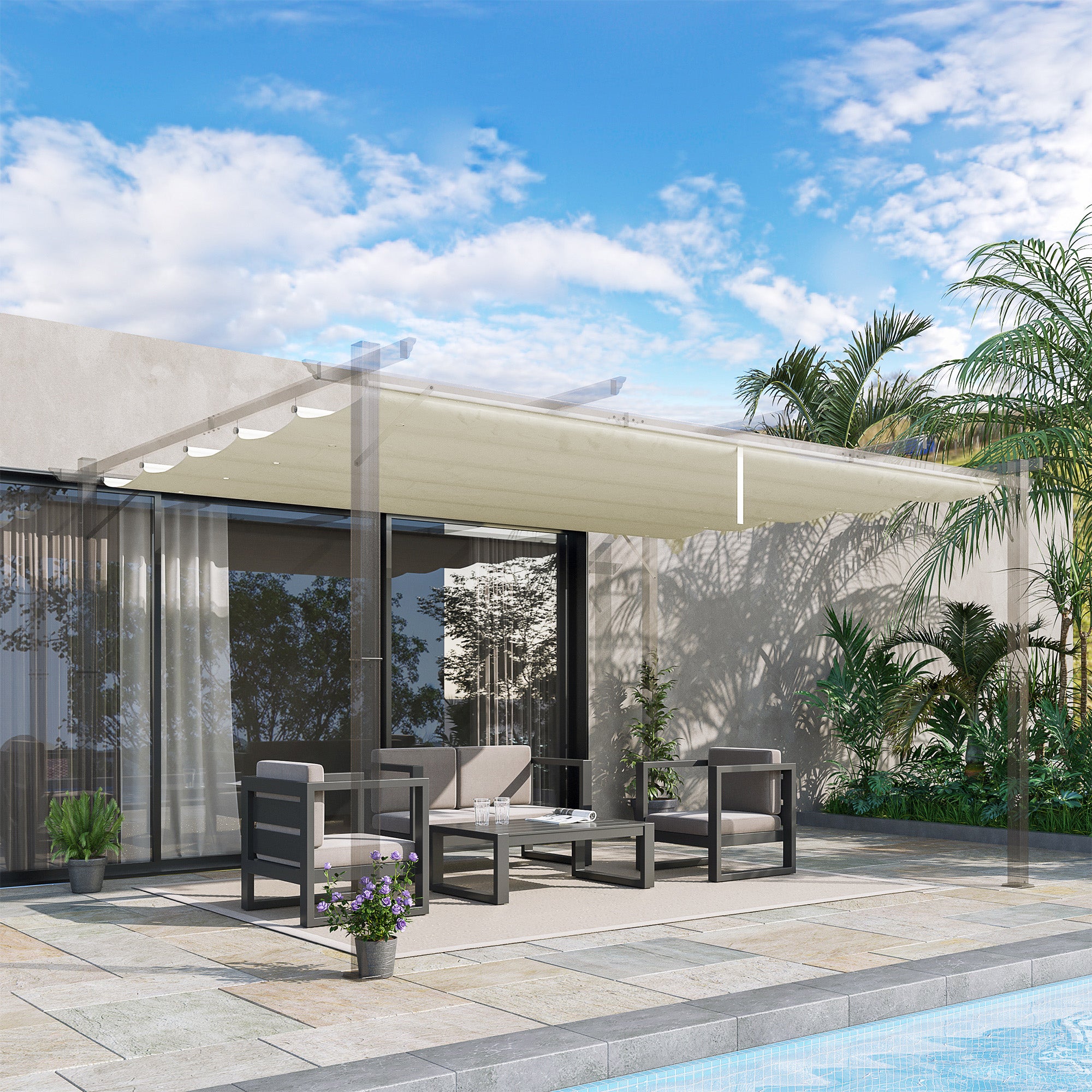 Outsunny Retractable Pergola Shade Cover, Replacement Canopy for 4 x 3 (m) Pergola, Retractable Roof, Cream White