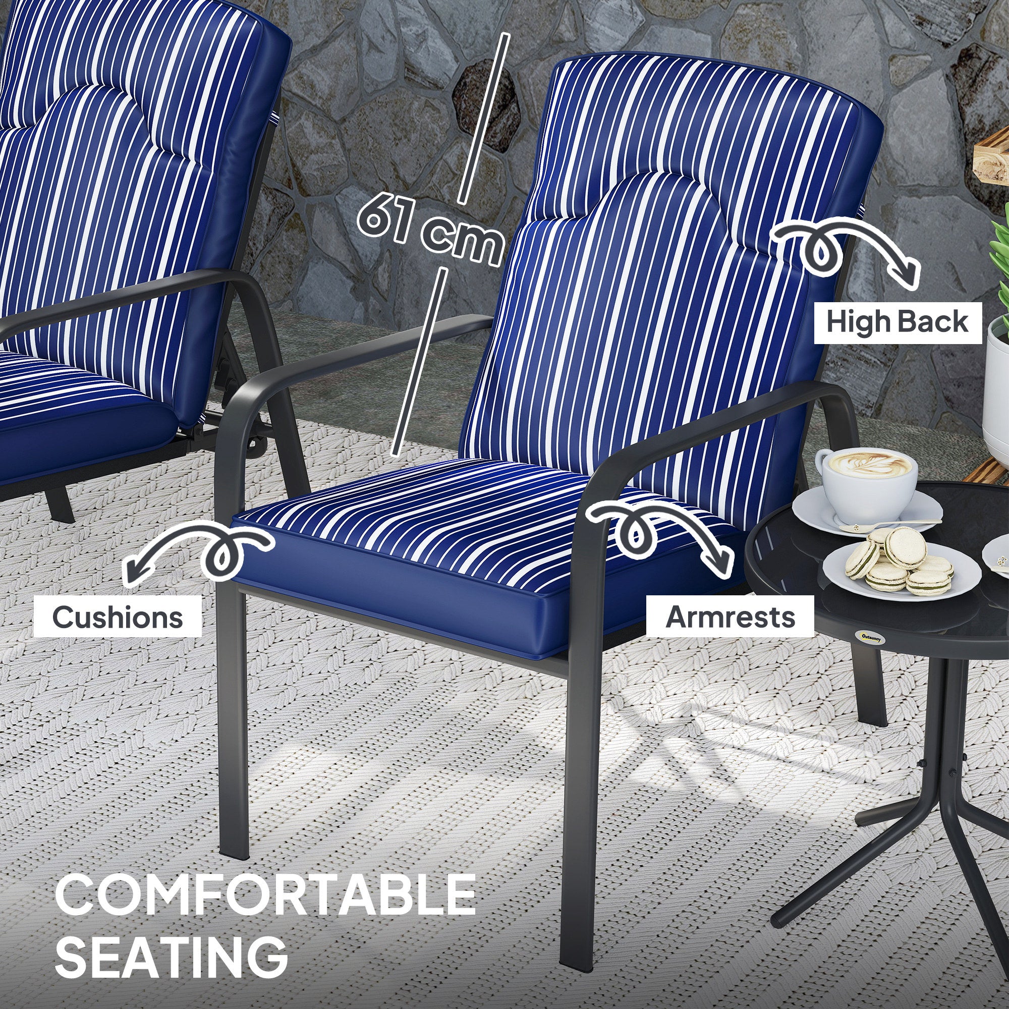 Outsunny Three-Piece Reclining Chair Set - Blue