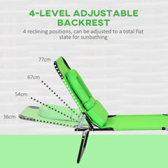 Outsunny Outdoor Folding Sun Lounger Set of 2 with Face Hole, 4 Level Adjustable Backrest Reclining Garden Lounger, Garden Recliner Sunbed with 600 D Oxford Cloth Seat and Pillow for Beach, Green
