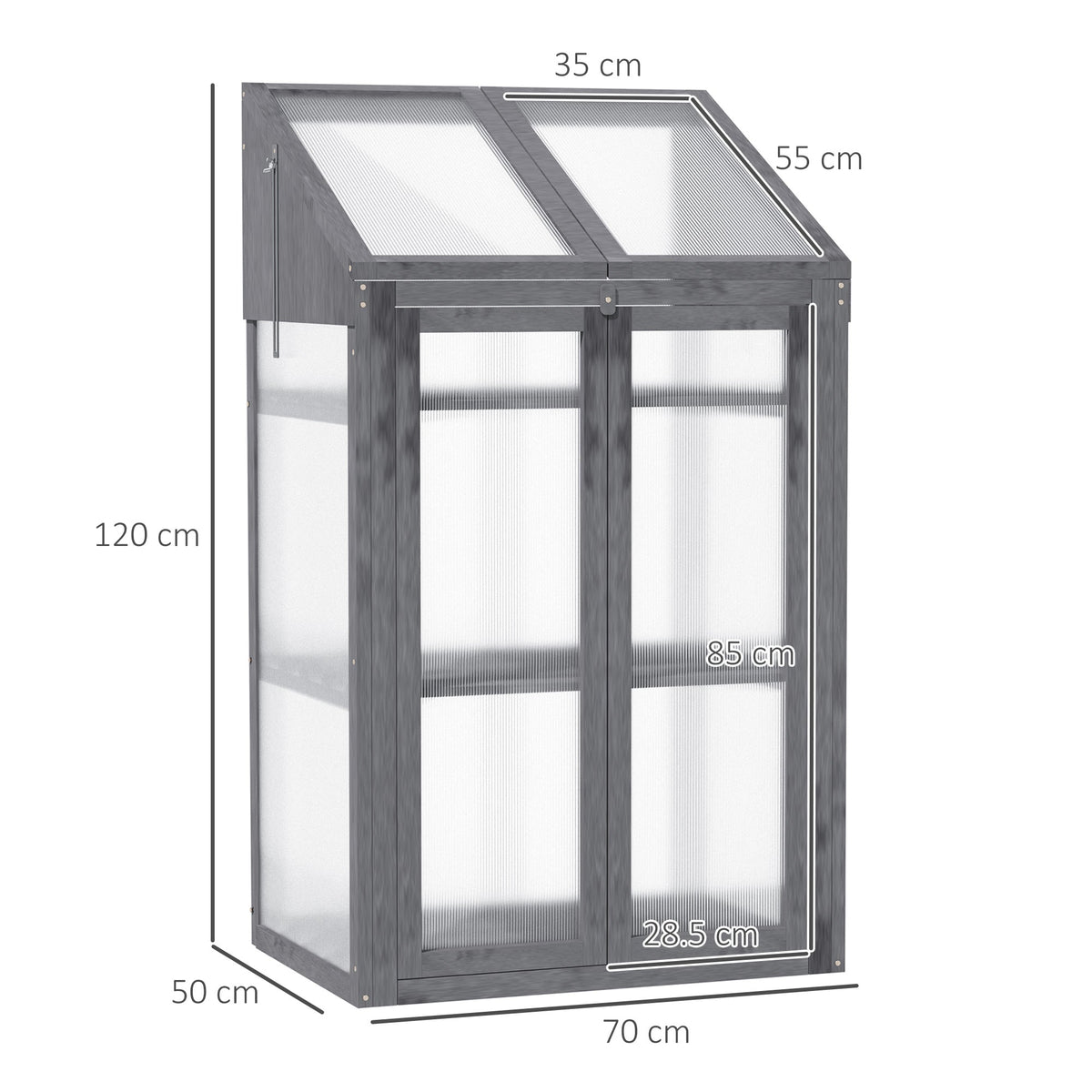 Outsunny Wooden Cold Frame Polycarbonate Greenhouse with Openable Top Cover and Double Door, Grow House for Flower, Vegetable and Plants, 70 x 50 x 120cm, Grey