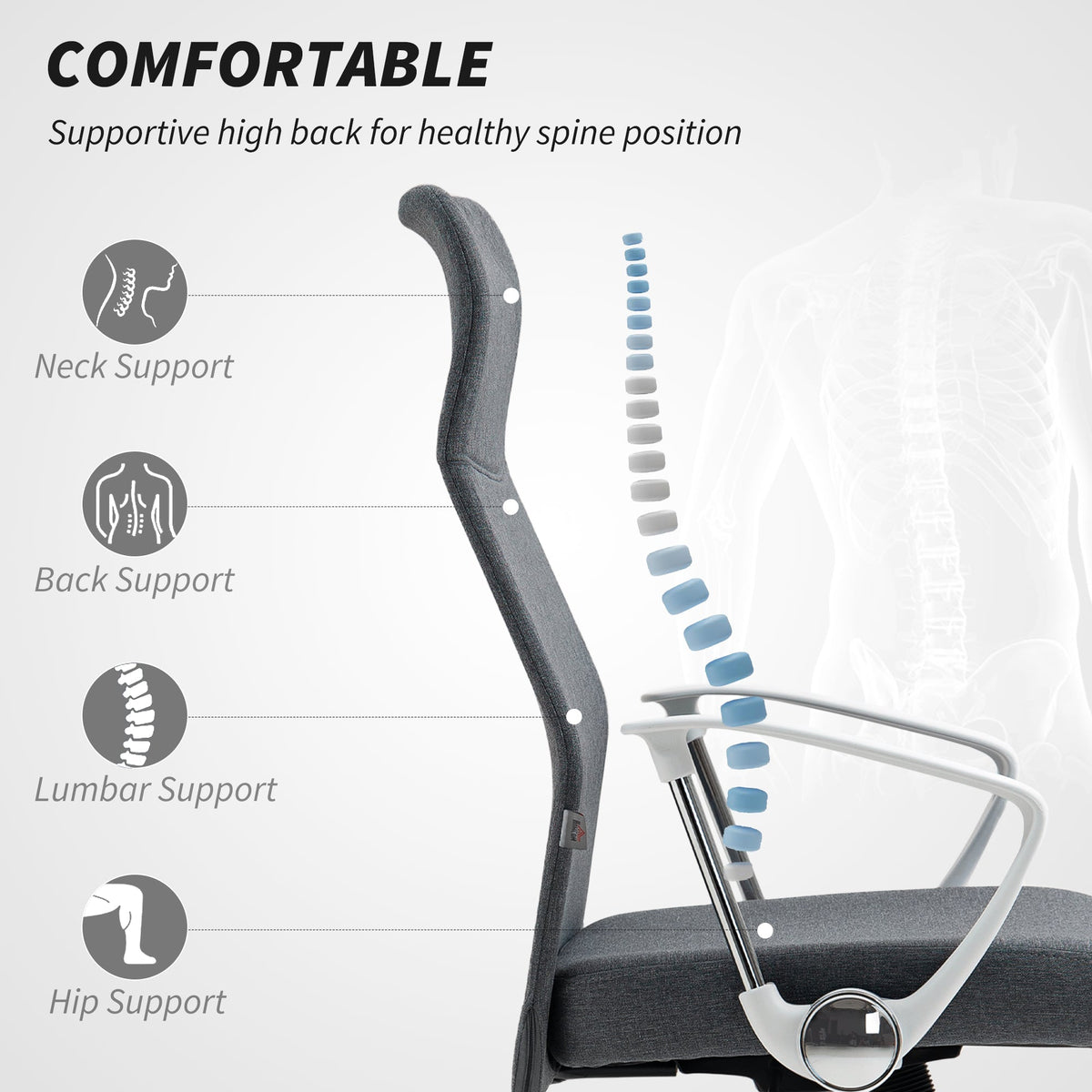 HOMCOM Fabric High Back Office Chair - Grey